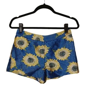 ALICE + OLIVIA Yellow Sunflower Floral Print Blue Jacquard Shorts 2 (XS)